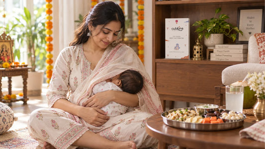 Breastfeeding mother with a Navratri vrat thali of fruit, curd and sabudana in an Indian home