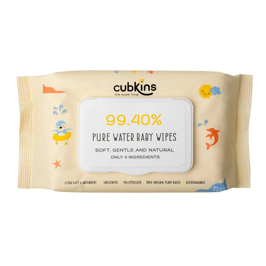 Pack of Cubkins 99.40% Pure Water Baby Wipes - Soft, gentle, and natural with flip-top lid