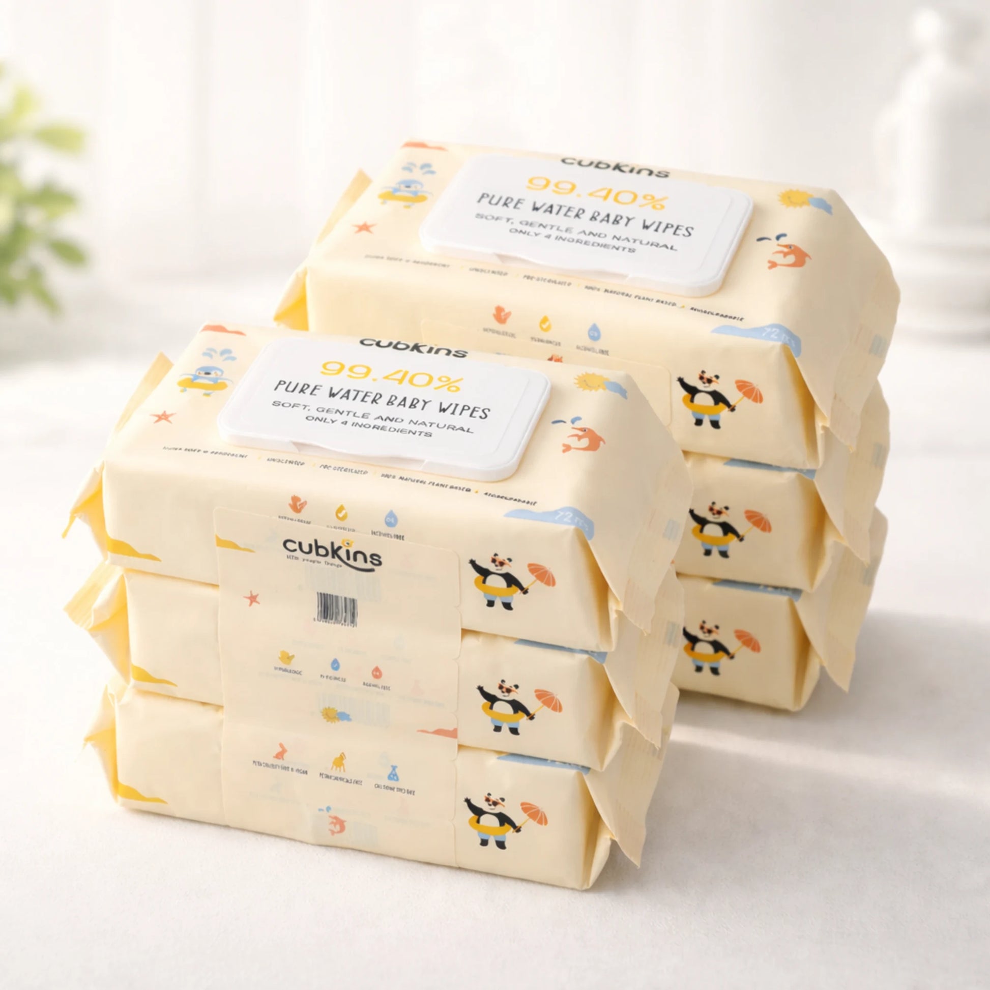 Cubkins Pure Water Baby Wipes bundle of 6 packs; eco-friendly, pre-sterilized wipes for bulk savings.