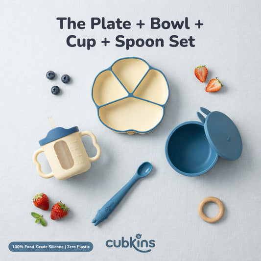 Cubkins Complete Feeding Set of 4 — Suction Plate, Suction Bowl with Lid, Bendable Spoon & Sensory Straw Training Cup | 100% Food Grade Silicone | BPA-Free | 6 Months+