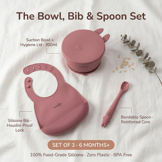 Cubkins Baby Feeding Set of 3 | Suction BOWL + Silicone BIB + Bendable SPOON | 100% Food-Grade Silicone | BPA-Free | 6M+