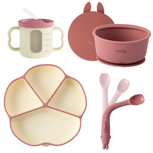 PLATE, BOWL, EARLY FEEDING BENDABLE SPOON & DUAL TONE SIPPY CUP Set of 4 | Designed for Kids | BPA Free, Food Grade, FDA Approved | Easy to Clean | Cubkins