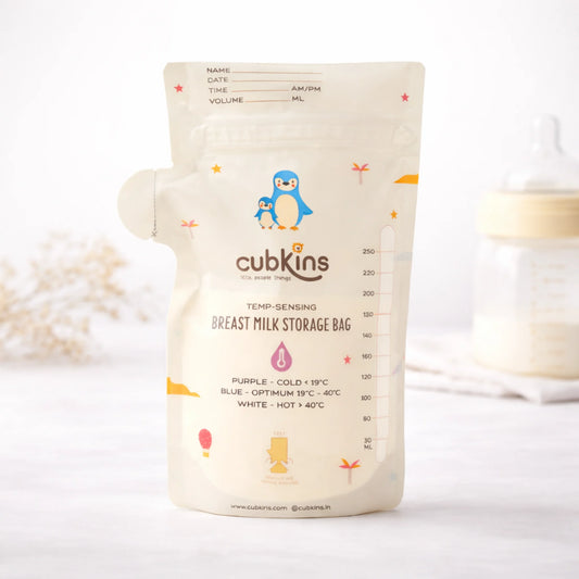 Cubkins temperature sensing breast milk storage bag featuring a self-standing design and 250ml capacity.