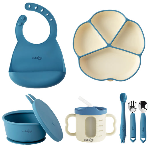 DUAL TONE FEEDING SET of 7 Pcs - Plate, Bib, Bowl, Dual Tone Sippy Cup, SS Fork, SS Spoon, Bendable Spoon | Designed for Kids | BPA Free, Food Grade | Easy to Clean | Cubkins