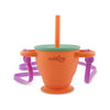 Tangerine Cubkins 2-in-1 silicone sipper and snack cup with green lid, orange straw, and purple carry strap.