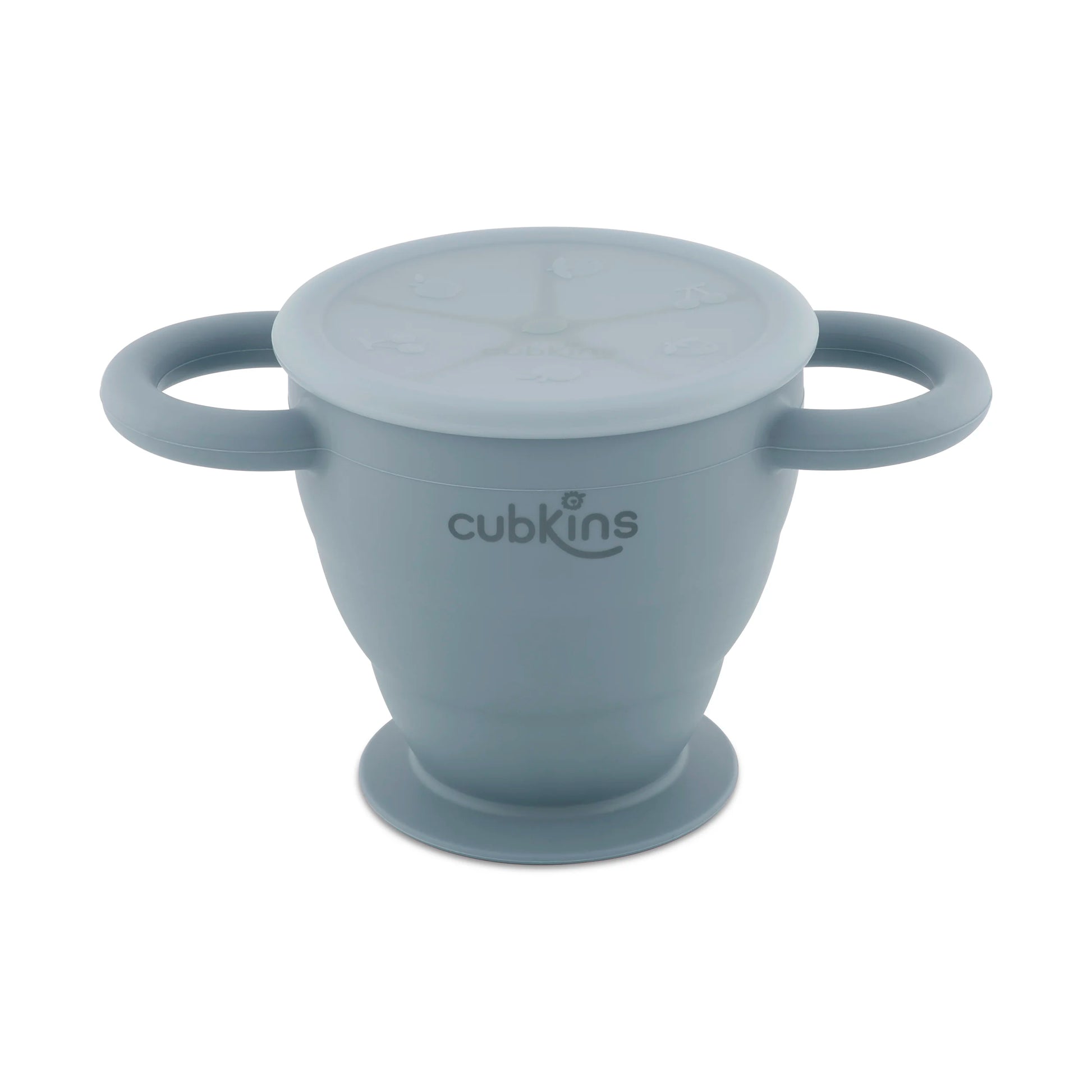 Cubkins blueberry blue collapsible silicone snack cup with two handles, a suction base, and a dust-free lid.