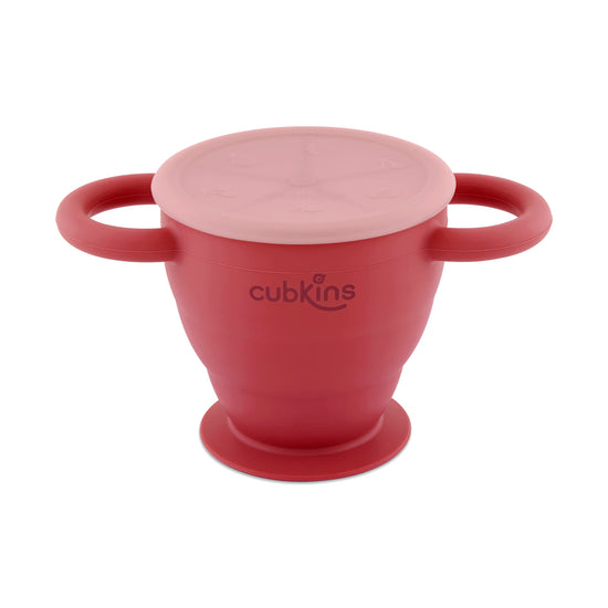 Cubkins cherry red collapsible silicone snack cup with two handles, a suction base, and a dust-free lid.