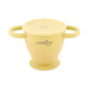 Cubkins lemon yellow collapsible silicone snack cup with two handles, a suction base, and a dust-free lid.