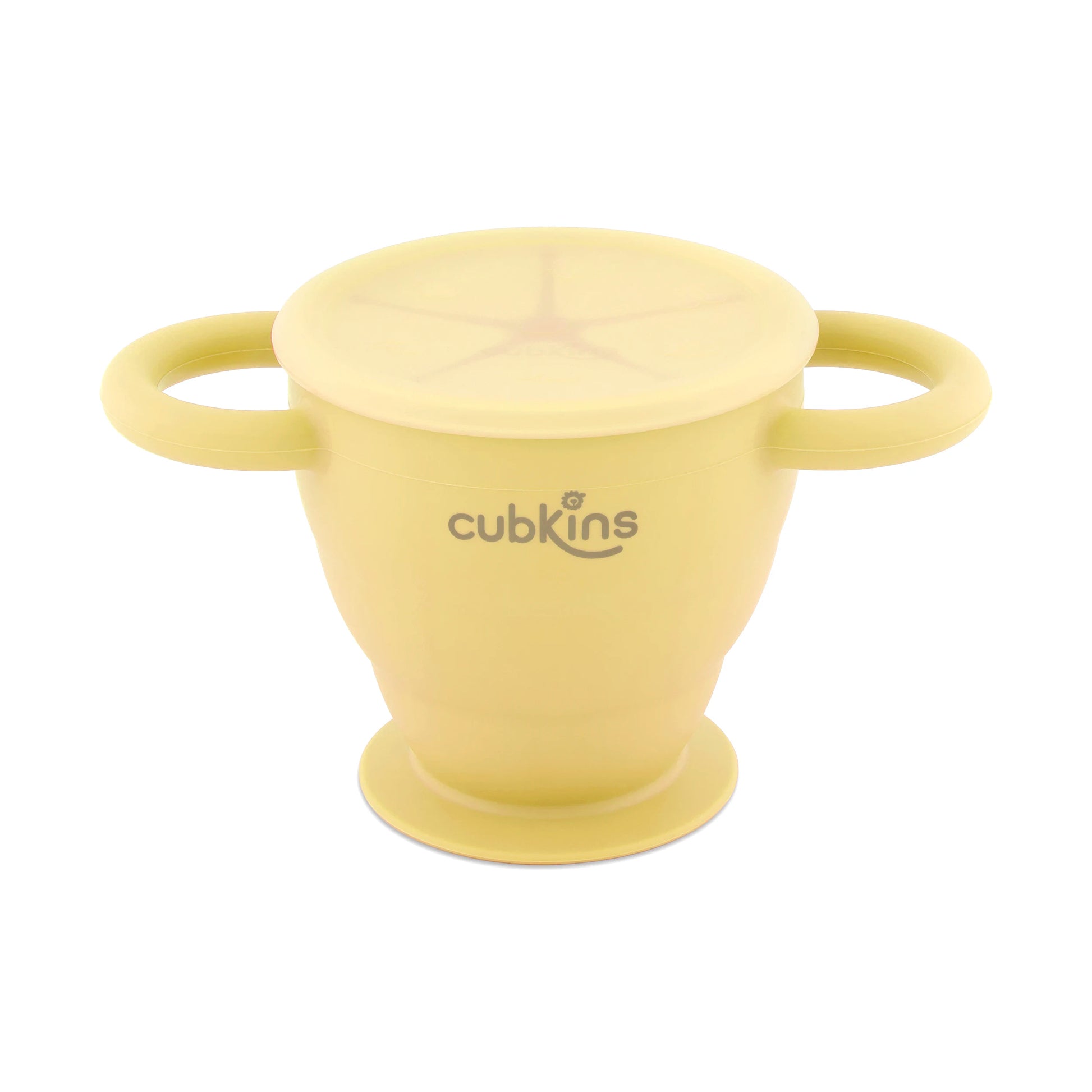 Cubkins lemon yellow collapsible silicone snack cup with two handles, a suction base, and a dust-free lid.