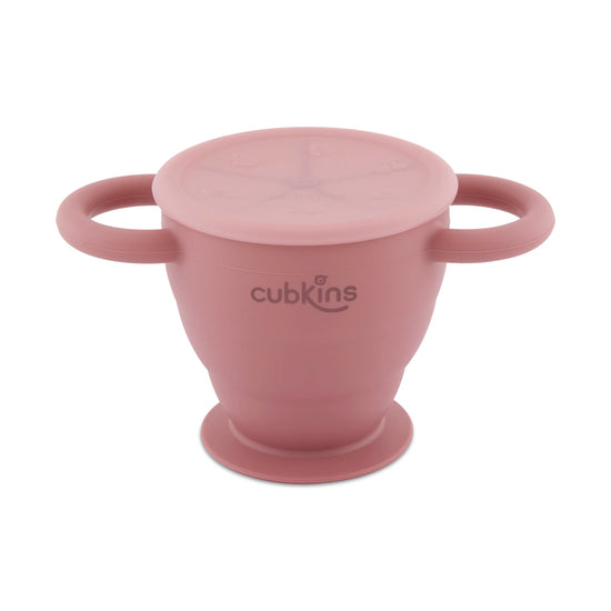 Cubkins raspberry pink collapsible silicone snack cup with two handles, a suction base, and a dust-free lid.