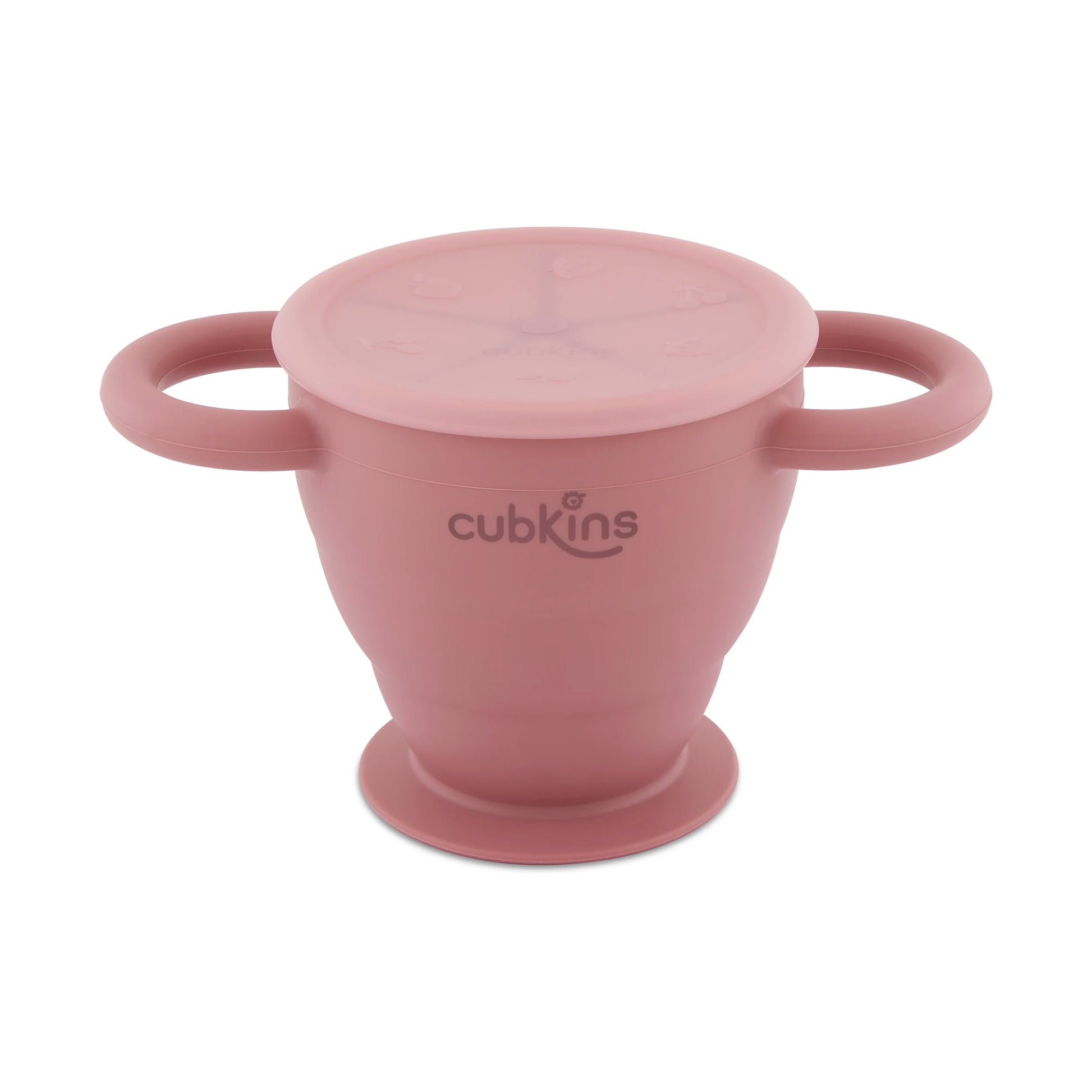 Cubkins raspberry pink collapsible silicone snack cup with two handles, a suction base, and a dust-free lid.