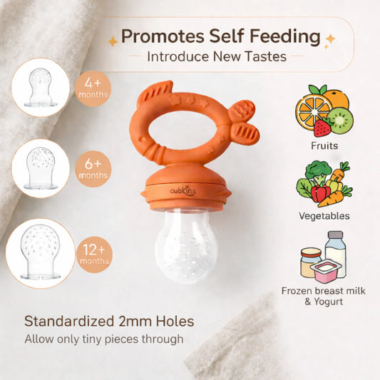 Infographic showing Cubkins fruit feeder promotes self-feeding for babies and has 3 silicone nipples for 4+ months, 6+ months, and 12+ months with 2mm holes suitable to introduce babies to fruits, vegetables, and frozen breast milk.