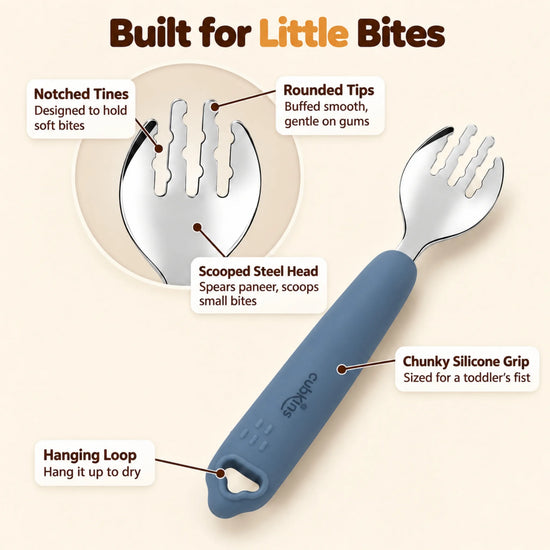 Cubkins blue olive toddler fork with callouts for rounded tines, scooped steel head, chunky silicone grip and hanging loop