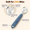 Cubkins blue olive toddler fork with callouts for rounded tines, scooped steel head, chunky silicone grip and hanging loop