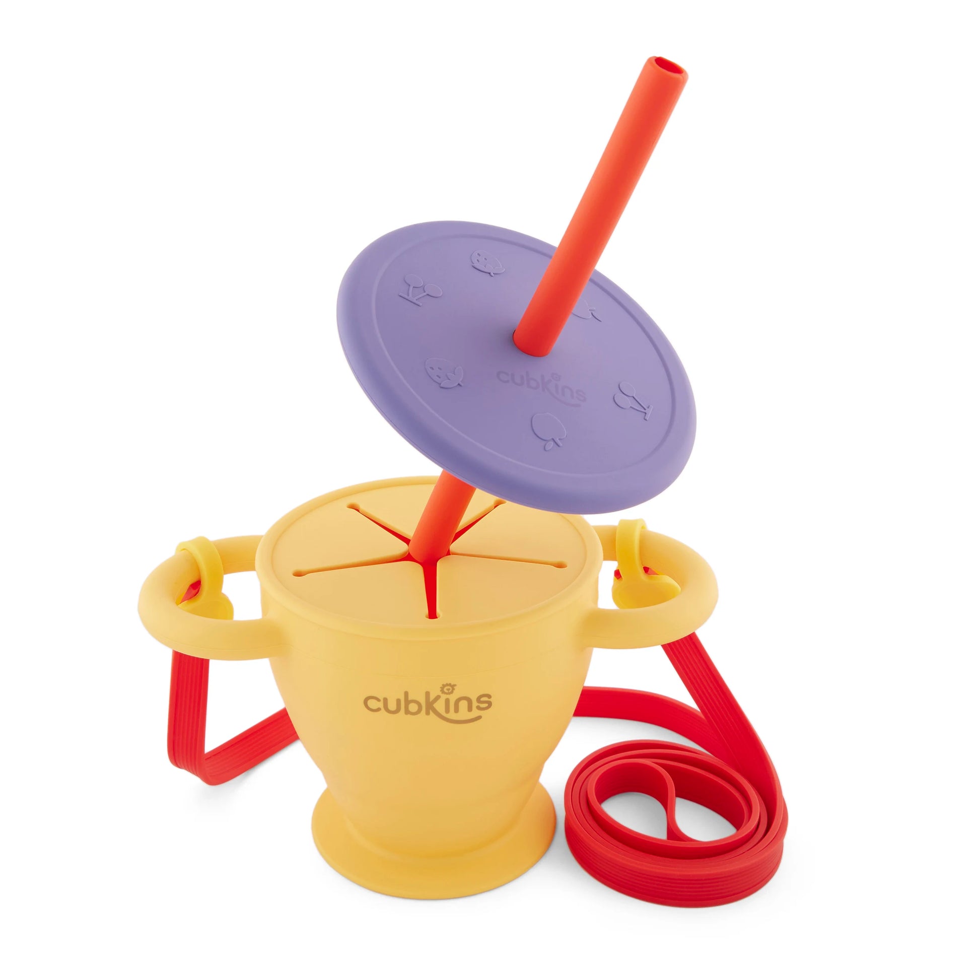 Exploded view of the Cubkins Mango cup showing the sipper lid with straw, and attached red strap.