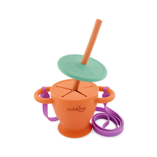 Exploded view of the Cubkins Tangerine cup showing the sipper lid with straw, and attached purple strap.