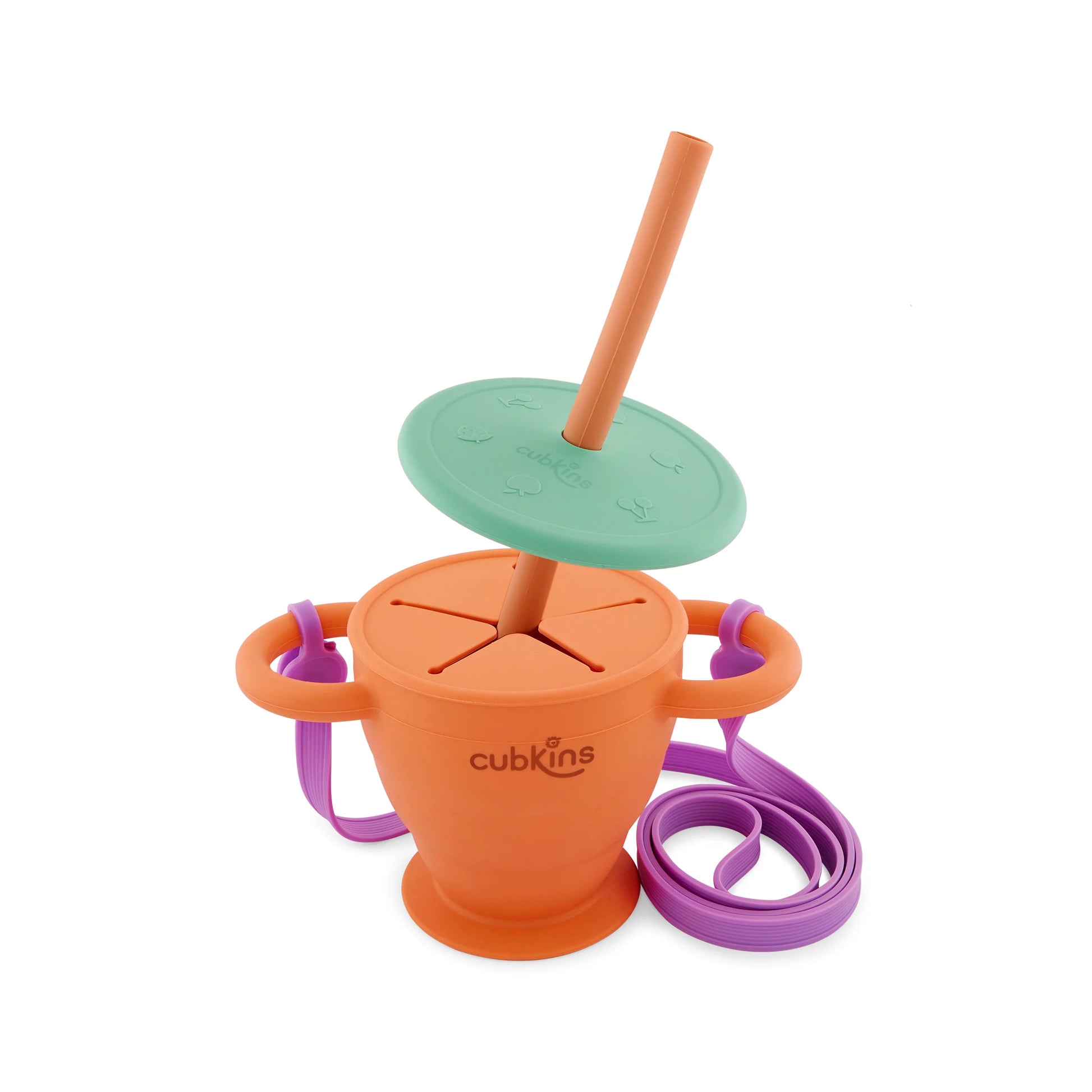 Exploded view of the Cubkins Tangerine cup showing the sipper lid with straw, and attached purple strap.