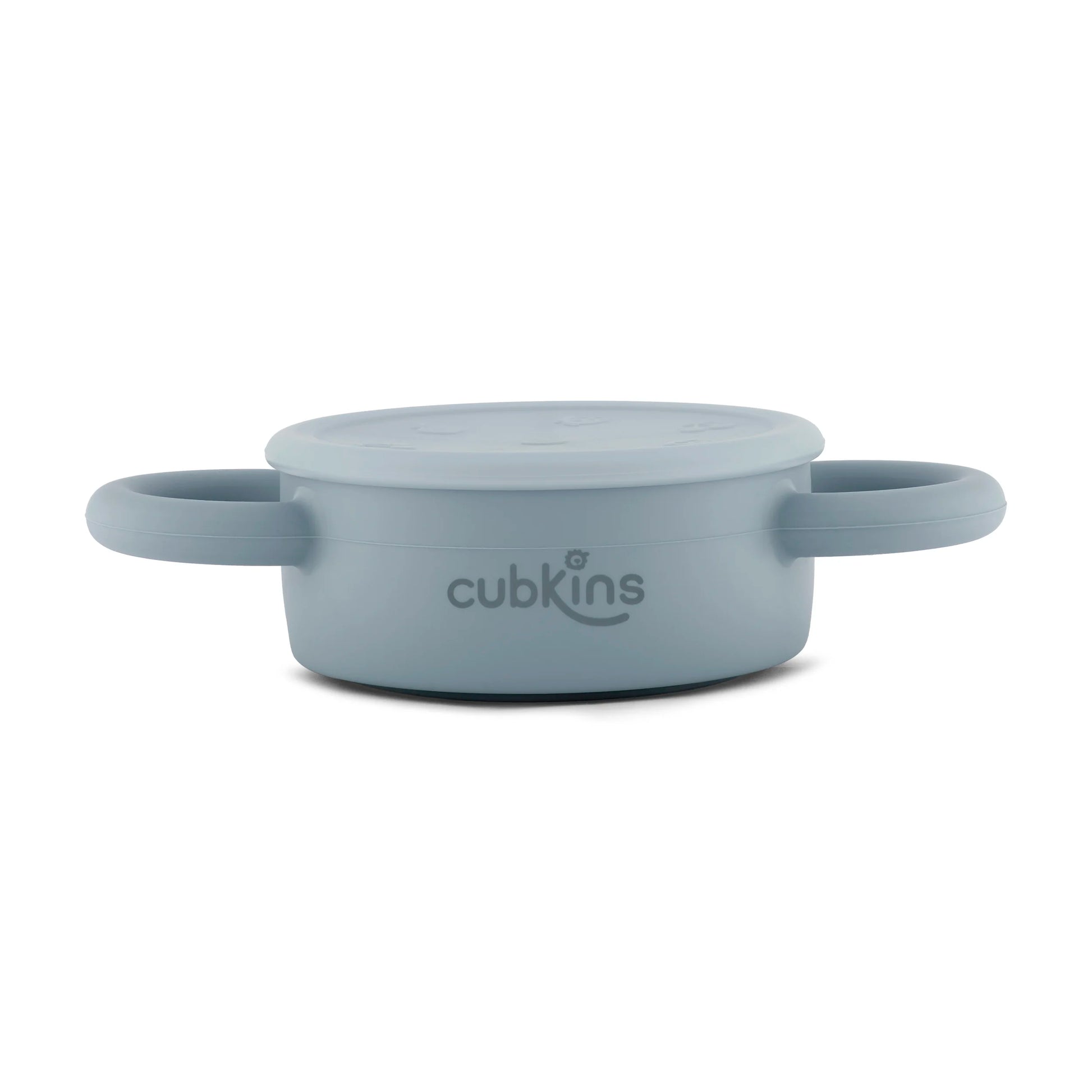 Cubkins blueberry blue silicone snack cup in its fully collapsed state, highlighting its space-saving and portable design.