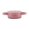 Cubkins raspberry pink silicone snack cup in its fully collapsed state, highlighting its space-saving and portable design.