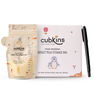 CUBKINS BREAST MILK STORAGE BAGS | Pre-Sterilized | Smart Temp. Sensor | BPA Free | Single Use | Leak Proof Double Zip | Separate Fill & Pour Spouts | 250 ml Capacity | Marker Included