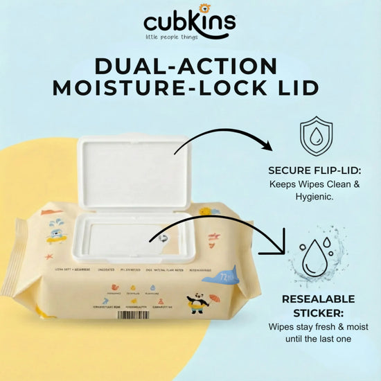 Cubkins dual-action moisture-lock lid with a secure flip-top and resealable sticker to keep wipes fresh.