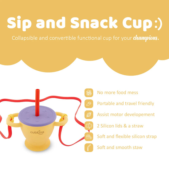 Cubkins collapsible functional cup: spill-proof, travel-friendly, promotes motor skills, with two lids and a soft straw.