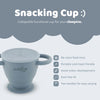 Cubkins snack cup benefits: no food mess, portable, assists motor development, and features a dust-free lid.