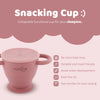 Cubkins snack cup benefits: no food mess, portable, assists motor development, and features a dust-free lid.