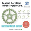 Cubkins teether safety certifications: BIS IS 9873 licence CM/L-7600198513, BPA free, one-piece food-grade silicone