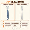 Chart comparing the Cubkins 304 steel toddler fork with a typical 202-grade fork on hard water, acidic foods, handle and steel grade