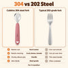 Chart comparing the Cubkins 304 steel toddler fork with a typical 202-grade fork on hard water, acidic foods, handle and steel grade
