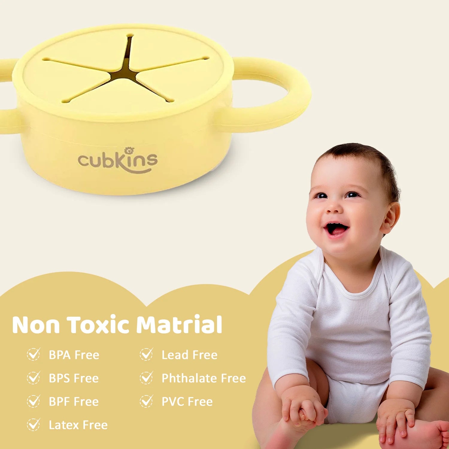 Cubkins snack cup made from non-toxic, food-grade silicone; BPA-free, lead-free, and phthalate-free.