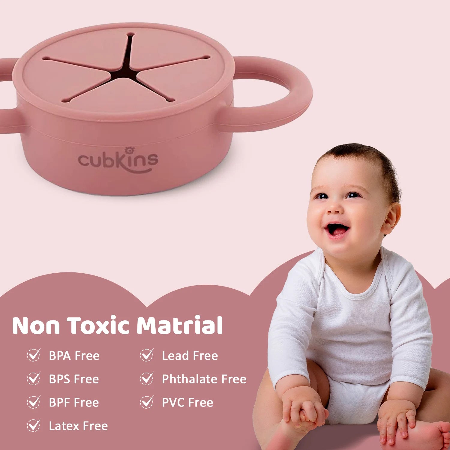 Cubkins snack cup made from non-toxic, food-grade silicone; BPA-free, lead-free, and phthalate-free.