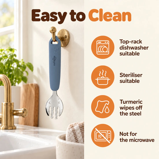 Cubkins blue olive steel toddler fork hanging to dry by its loop, with care icons: top-rack dishwasher, steriliser, turmeric wipes off, not for microwave