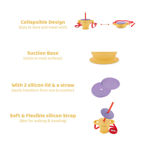 Cubkins cup versatility: collapsible design, suction base, two silicone lids, and a flexible strap for easy travel.