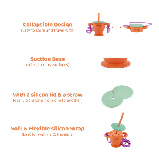 Cubkins cup versatility: collapsible design, suction base, two silicone lids, and a flexible strap for easy travel.