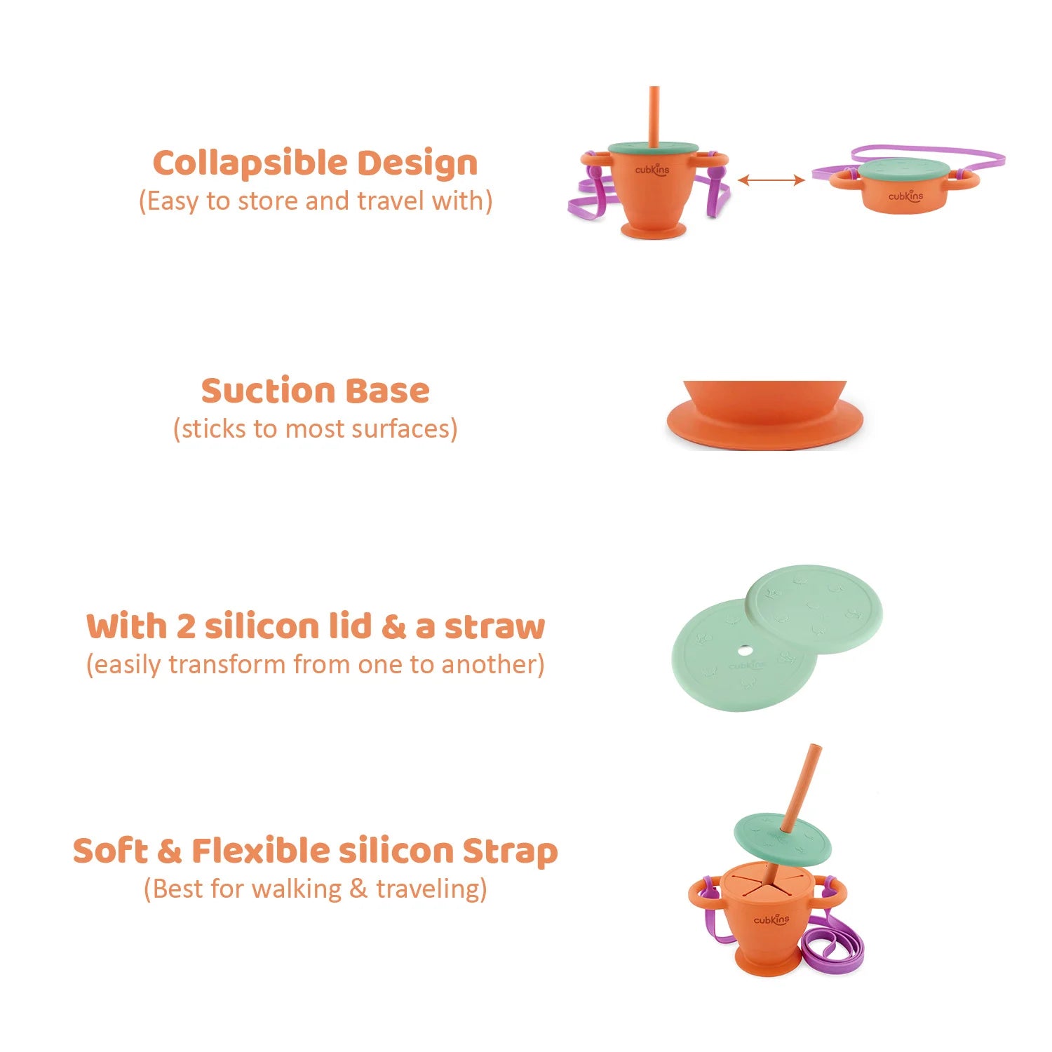Cubkins cup versatility: collapsible design, suction base, two silicone lids, and a flexible strap for easy travel.