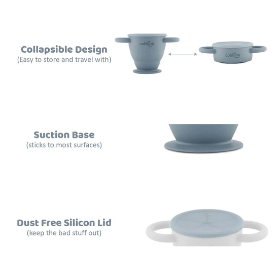 Visual guide showing the Cubkins cup's collapsible design, suction base, and dust-free silicone lid.
