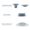 Visual guide showing the Cubkins cup's collapsible design, suction base, and dust-free silicone lid.
