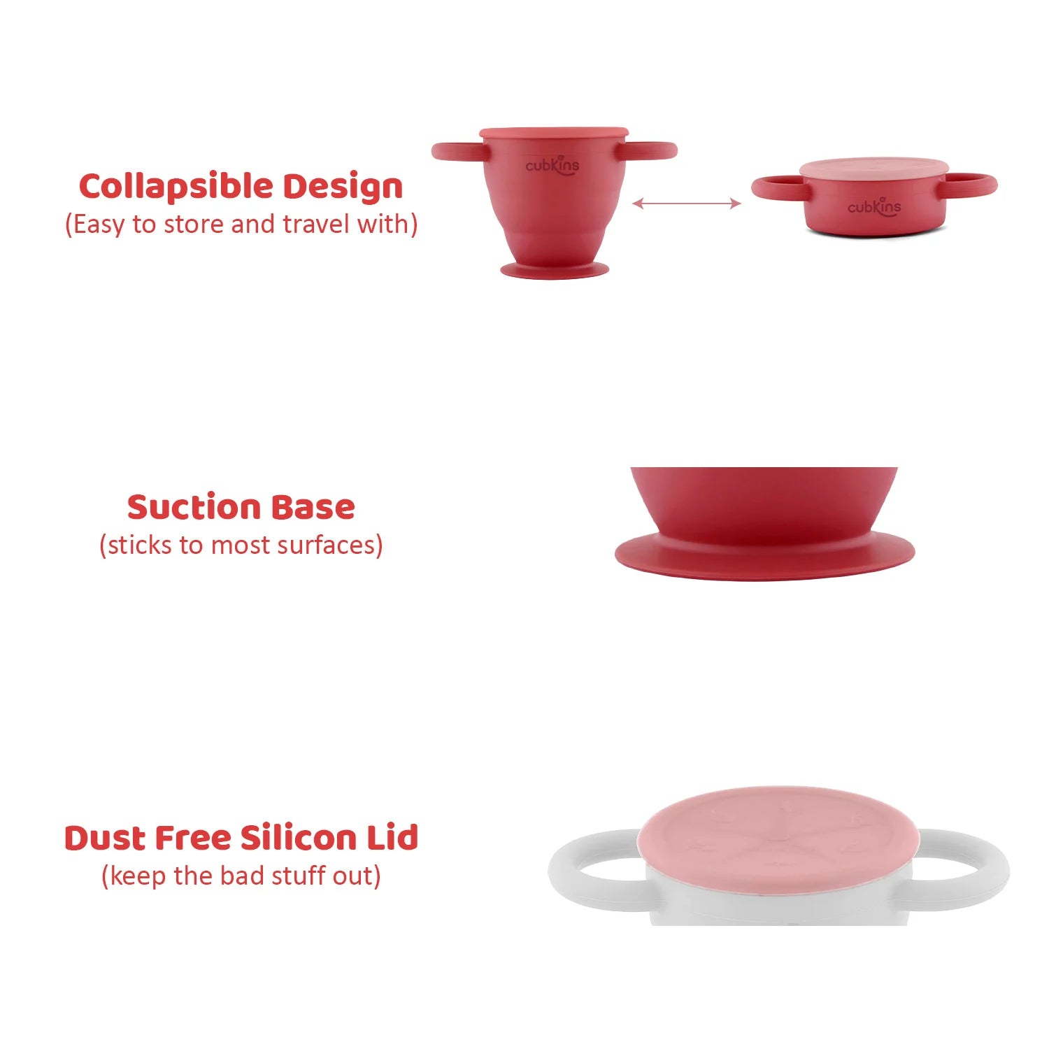 Visual guide showing the Cubkins cup's collapsible design, suction base, and dust-free silicone lid.