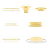 Visual guide showing the Cubkins cup's collapsible design, suction base, and dust-free silicone lid.
