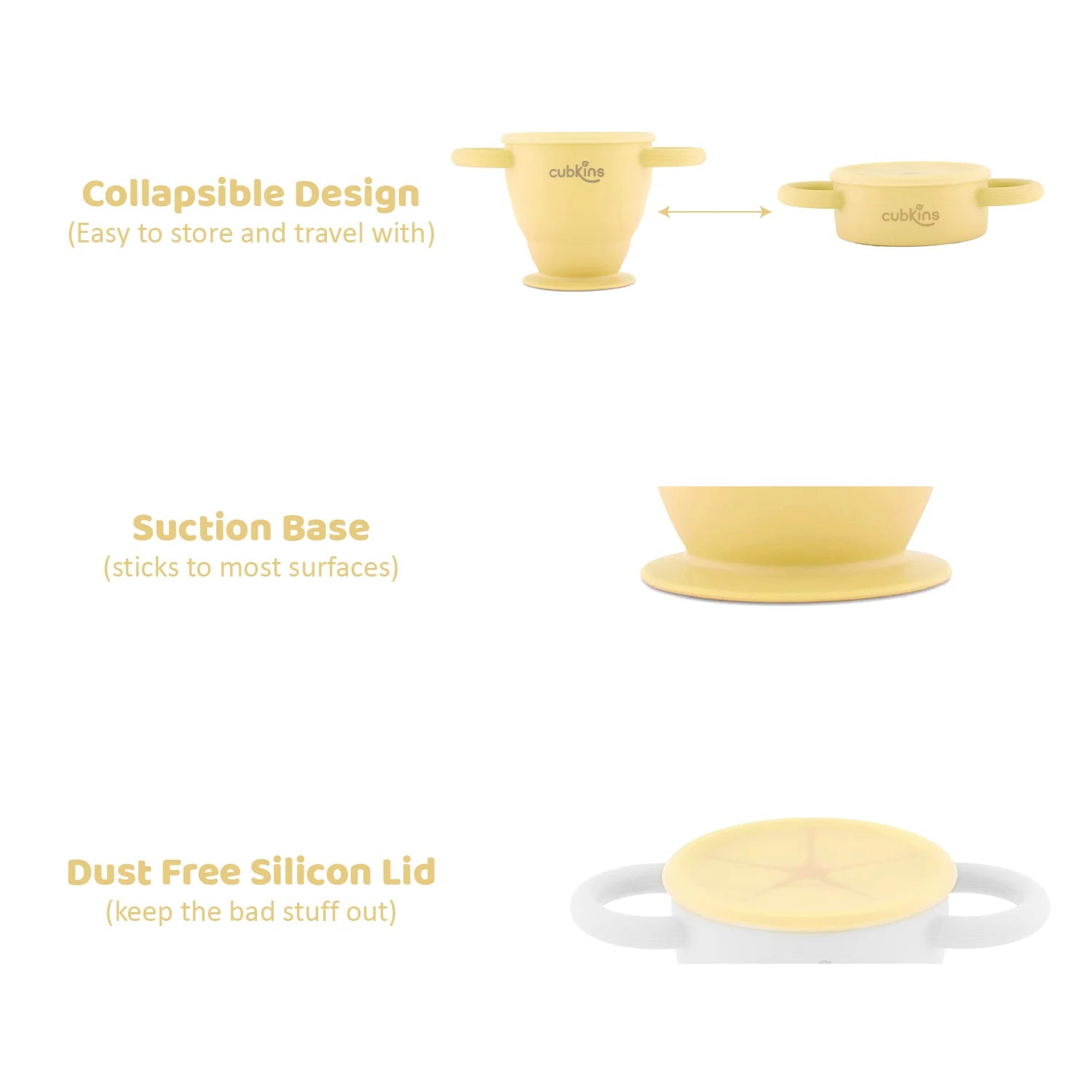 Visual guide showing the Cubkins cup's collapsible design, suction base, and dust-free silicone lid.