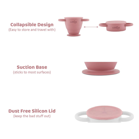 Visual guide showing the Cubkins cup's collapsible design, suction base, and dust-free silicone lid.