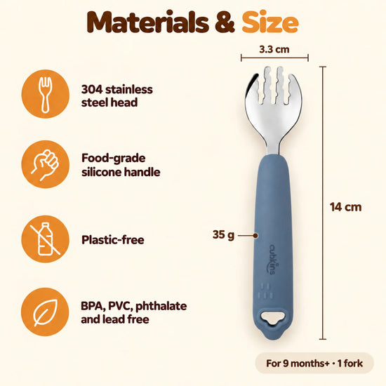 Cubkins blue olive toddler fork materials and dimensions: 304 steel head, food-grade silicone handle, 14 cm long, 3.3 cm head, 35 g, plastic-free, for 9 months+