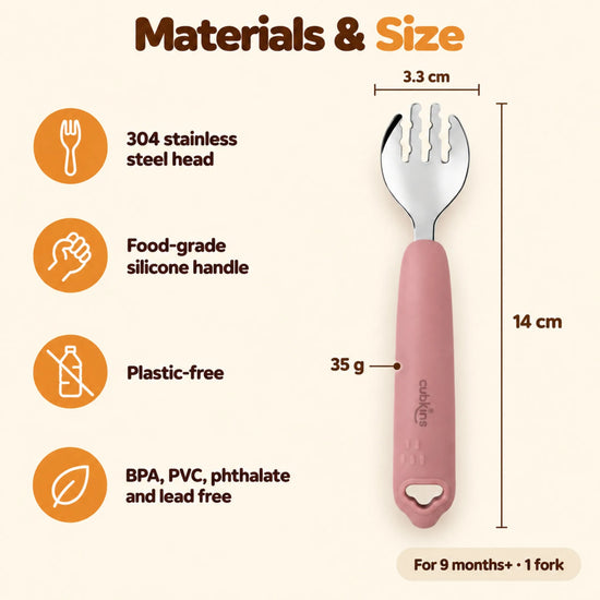 Cubkins raspberry toddler fork materials and dimensions: 304 steel head, food-grade silicone handle, 14 cm long, 3.3 cm head, 35 g, plastic-free, for 9 months+