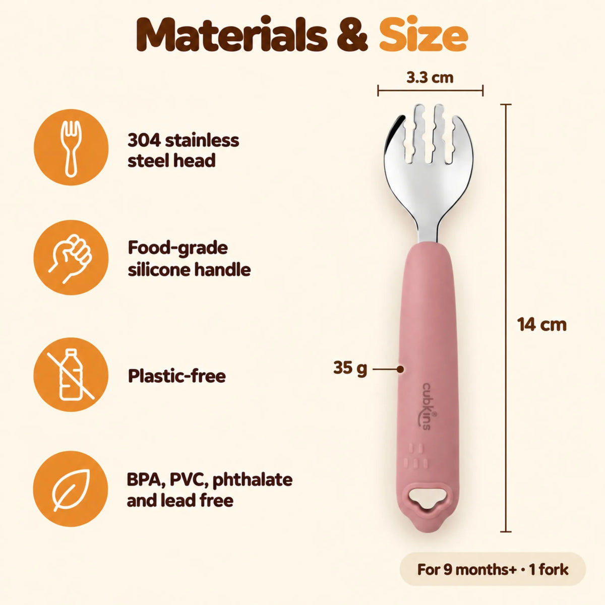 Cubkins raspberry toddler fork materials and dimensions: 304 steel head, food-grade silicone handle, 14 cm long, 3.3 cm head, 35 g, plastic-free, for 9 months+