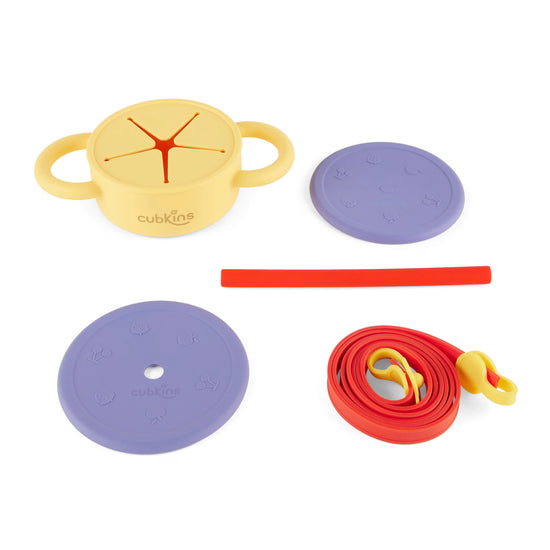 Set includes Mango silicone cup, two interchangeable lids, a matching straw, and a flexible red carry strap.