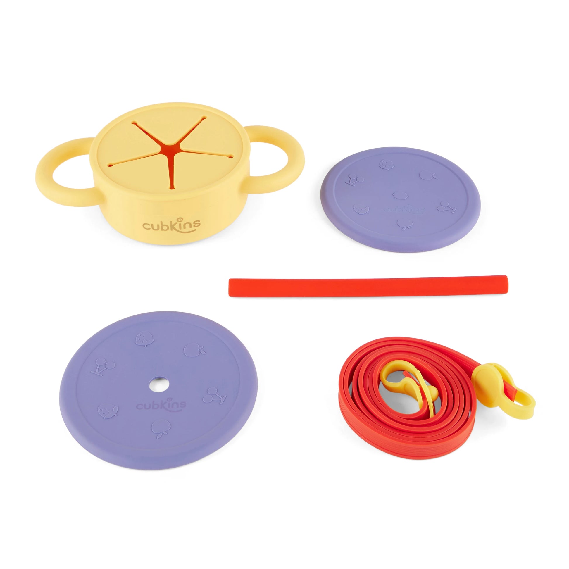 Set includes Mango silicone cup, two interchangeable lids, a matching straw, and a flexible red carry strap.