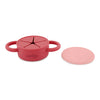 Cherry red Cubkins snack cup shown with the dust-proof silicone lid removed to display the soft star-slit opening.