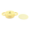 Lemon yellow Cubkins snack cup shown with the dust-proof silicone lid removed to display the soft star-slit opening.